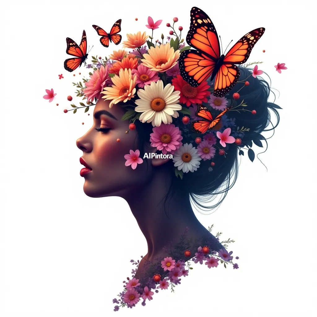 premium printable t-shirt graphic design featuring woman face made of flowers and butterflies,
    isolated centered artwork, strong silhouette, bold readable composition,
    streetwear apparel graphic, merch by amazon style, commercial print ready,
    high contrast illustration, clean edges, limited background,
    easy background removal, poster quality apparel artwork,
    no model, no person wearing shirt, no t-shirt mockup, no product photo,
    no room background, no messy background, no random extra objects,
    no shadows on background, masterpiece, best quality, ultra detailed, sharp focus, cinematic lighting, volumetric lighting, depth of field, global illumination, professional color grading, hyper detailed textures, clean composition, premium visual quality, award winning artwork, 8k