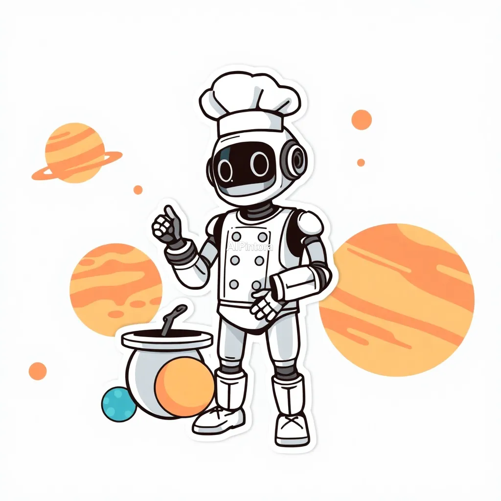 premium die-cut vinyl sticker illustration of cute robot chef sticker cooking planets in space,
    centered isolated artwork, thick bold white outline, glossy sticker finish,
    clean vector cartoon style, cute collectible design, etsy bestseller sticker style,
    vibrant colors, simple readable silhouette, smooth shapes,
    printable sticker pack quality, plain clean background,
    no mockup, no product photo, no background scene, no complex environment, masterpiece, best quality, ultra detailed, sharp focus, cinematic lighting, volumetric lighting, depth of field, global illumination, professional color grading, hyper detailed textures, clean composition, premium visual quality, award winning artwork, 8k