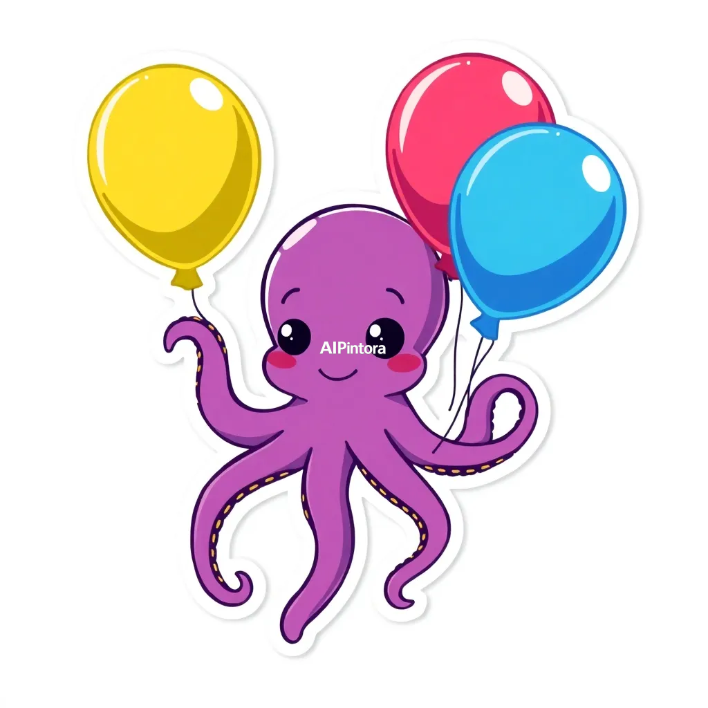 premium die-cut vinyl sticker illustration of cute octopus sticker holding colorful balloons,
    centered isolated artwork, thick bold white outline, glossy sticker finish,
    clean vector cartoon style, cute collectible design, etsy bestseller sticker style,
    vibrant colors, simple readable silhouette, smooth shapes,
    printable sticker pack quality, plain clean background,
    no mockup, no product photo, no background scene, no complex environment, masterpiece, best quality, ultra detailed, sharp focus, cinematic lighting, volumetric lighting, depth of field, global illumination, professional color grading, hyper detailed textures, clean composition, premium visual quality, award winning artwork, 8k