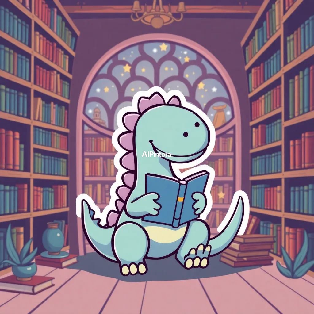 premium die-cut vinyl sticker illustration of cute dinosaur sticker reading books in a magical library,
    centered isolated artwork, thick bold white outline, glossy sticker finish,
    clean vector cartoon style, cute collectible design, etsy bestseller sticker style,
    vibrant colors, simple readable silhouette, smooth shapes,
    printable sticker pack quality, plain clean background,
    no mockup, no product photo, no background scene, no complex environment, masterpiece, best quality, ultra detailed, sharp focus, cinematic lighting, volumetric lighting, depth of field, global illumination, professional color grading, hyper detailed textures, clean composition, premium visual quality, award winning artwork, 8k