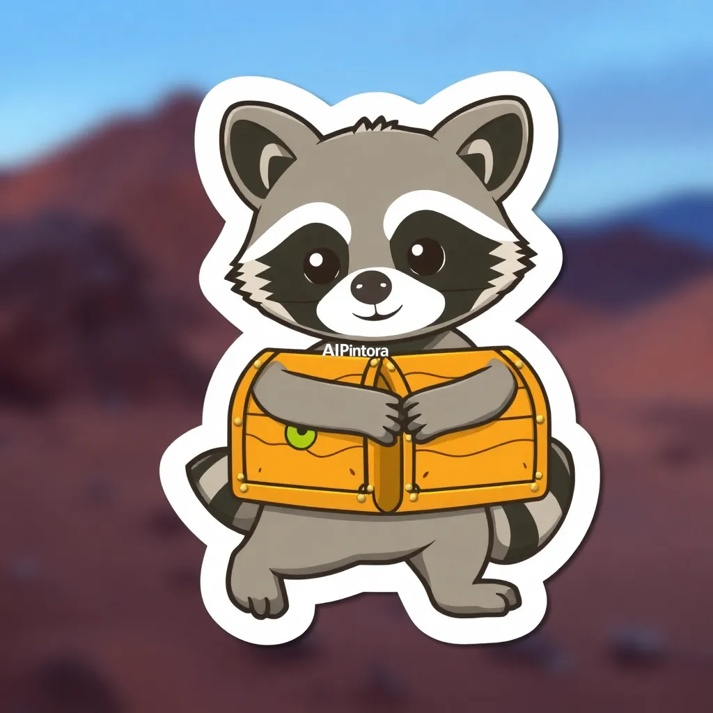premium die-cut vinyl sticker illustration of cute raccoon sticker carrying a treasure chest,
    centered isolated artwork, thick bold white outline, glossy sticker finish,
    clean vector cartoon style, cute collectible design, etsy bestseller sticker style,
    vibrant colors, simple readable silhouette, smooth shapes,
    printable sticker pack quality, plain clean background,
    no mockup, no product photo, no background scene, no complex environment, masterpiece, best quality, ultra detailed, sharp focus, cinematic lighting, volumetric lighting, depth of field, global illumination, professional color grading, hyper detailed textures, clean composition, premium visual quality, award winning artwork, 8k