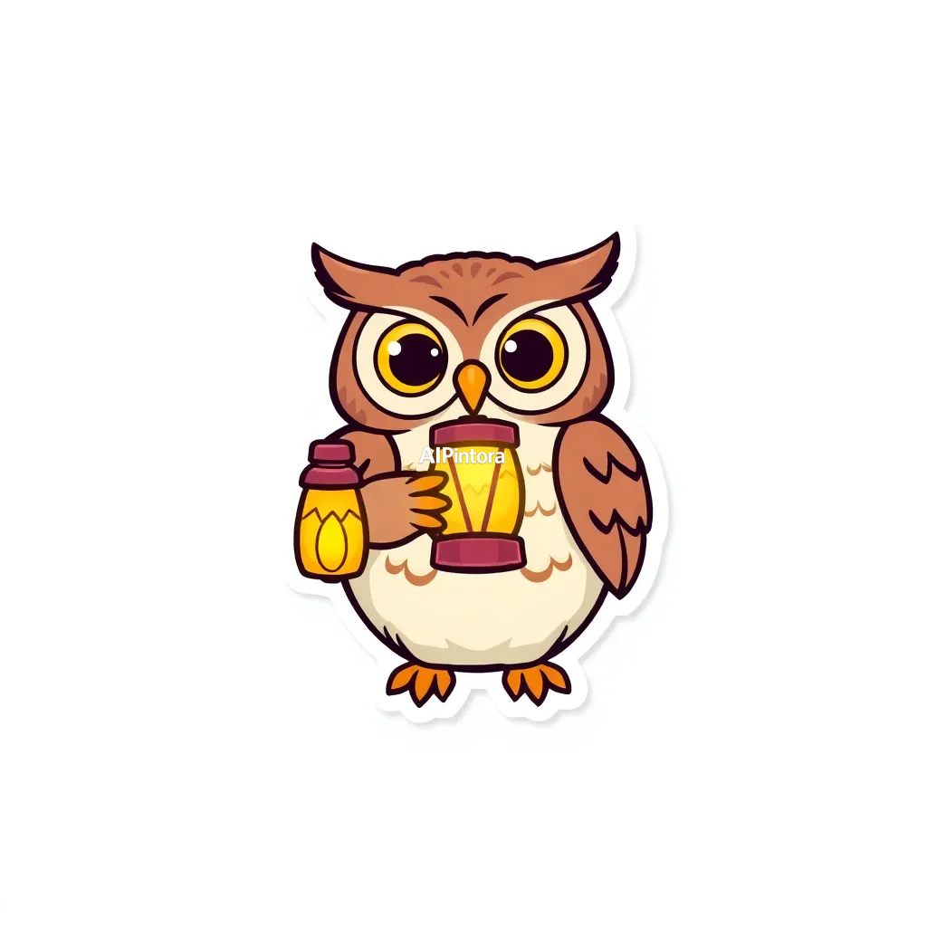 premium die-cut vinyl sticker illustration of cute owl sticker holding a glowing lantern,
    centered isolated artwork, thick bold white outline, glossy sticker finish,
    clean vector cartoon style, cute collectible design, etsy bestseller sticker style,
    vibrant colors, simple readable silhouette, smooth shapes,
    printable sticker pack quality, plain clean background,
    no mockup, no product photo, no background scene, no complex environment, masterpiece, best quality, ultra detailed, sharp focus, cinematic lighting, volumetric lighting, depth of field, global illumination, professional color grading, hyper detailed textures, clean composition, premium visual quality, award winning artwork, 8k