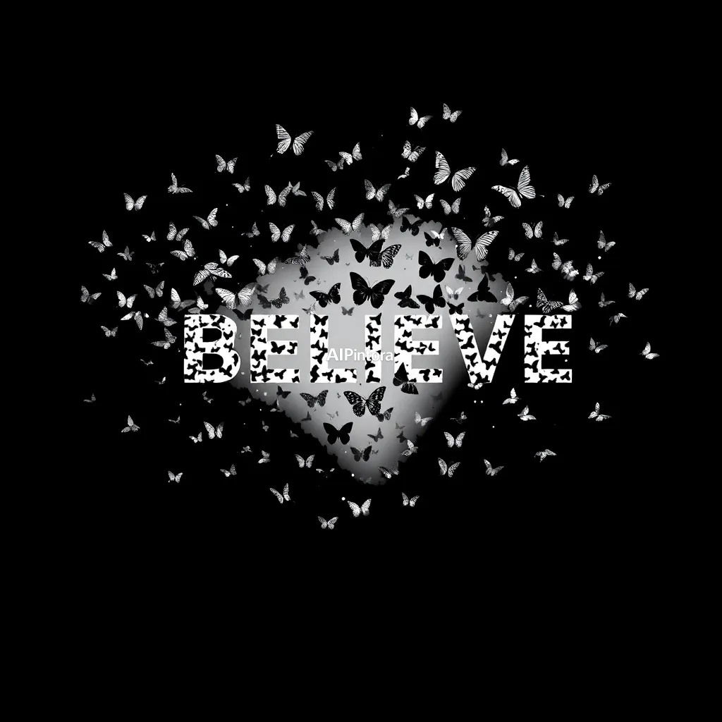 premium printable t-shirt graphic design featuring BELIEVE typography formed by thousands of flying butterflies,
    isolated centered artwork, strong silhouette, bold readable composition,
    streetwear apparel graphic, merch by amazon style, commercial print ready,
    high contrast illustration, clean edges, limited background,
    easy background removal, poster quality apparel artwork,
    no model, no person wearing shirt, no t-shirt mockup, no product photo,
    no room background, no messy background, no random extra objects,
    no shadows on background, masterpiece, best quality, ultra detailed, sharp focus, cinematic lighting, volumetric lighting, depth of field, global illumination, professional color grading, hyper detailed textures, clean composition, premium visual quality, award winning artwork, 8k