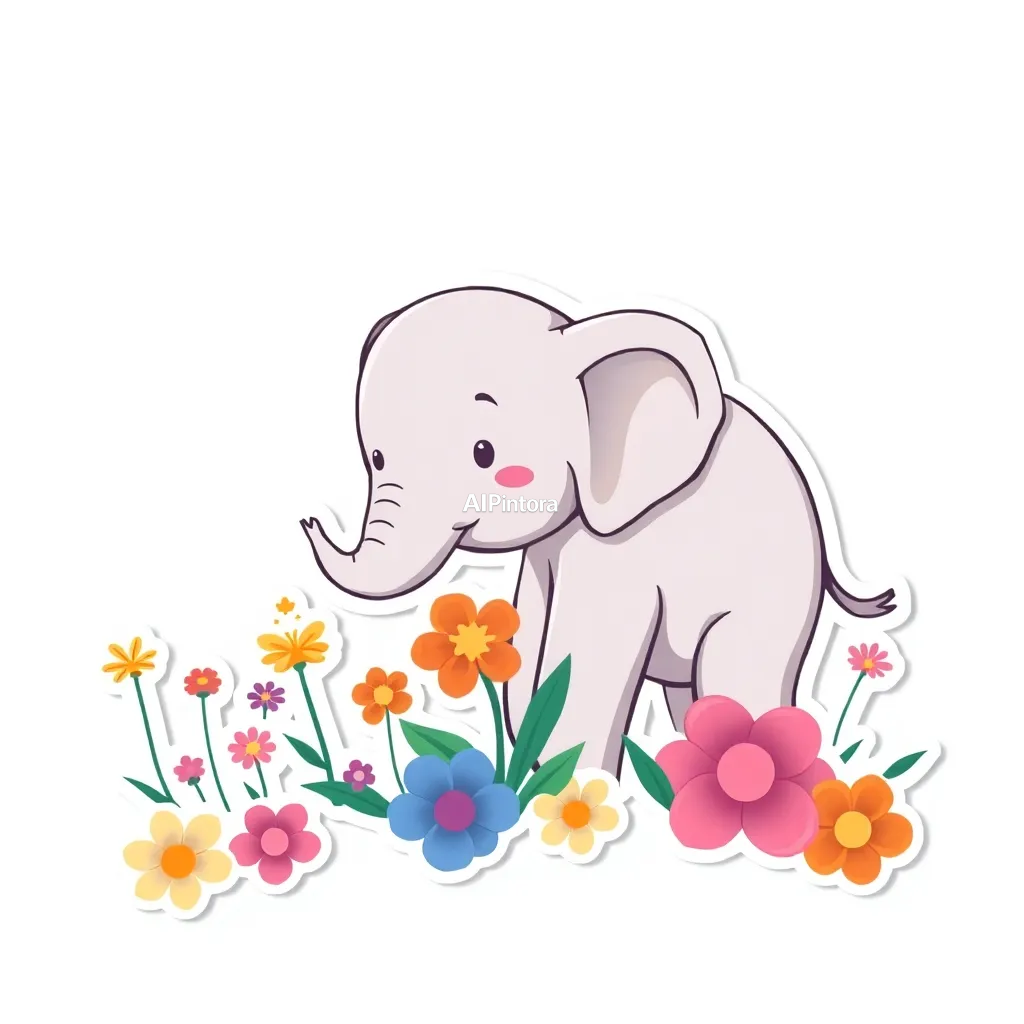 premium die-cut vinyl sticker illustration of cute elephant sticker watering magical flowers,
    centered isolated artwork, thick bold white outline, glossy sticker finish,
    clean vector cartoon style, cute collectible design, etsy bestseller sticker style,
    vibrant colors, simple readable silhouette, smooth shapes,
    printable sticker pack quality, plain clean background,
    no mockup, no product photo, no background scene, no complex environment, masterpiece, best quality, ultra detailed, sharp focus, cinematic lighting, volumetric lighting, depth of field, global illumination, professional color grading, hyper detailed textures, clean composition, premium visual quality, award winning artwork, 8k
