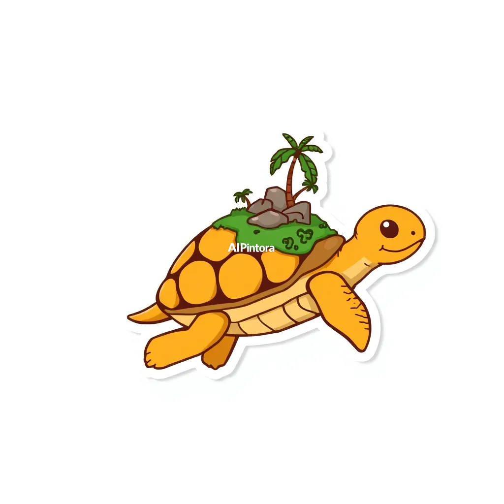 premium die-cut vinyl sticker illustration of cute turtle sticker carrying a miniature island,
    centered isolated artwork, thick bold white outline, glossy sticker finish,
    clean vector cartoon style, cute collectible design, etsy bestseller sticker style,
    vibrant colors, simple readable silhouette, smooth shapes,
    printable sticker pack quality, plain clean background,
    no mockup, no product photo, no background scene, no complex environment, masterpiece, best quality, ultra detailed, sharp focus, cinematic lighting, volumetric lighting, depth of field, global illumination, professional color grading, hyper detailed textures, clean composition, premium visual quality, award winning artwork, 8k