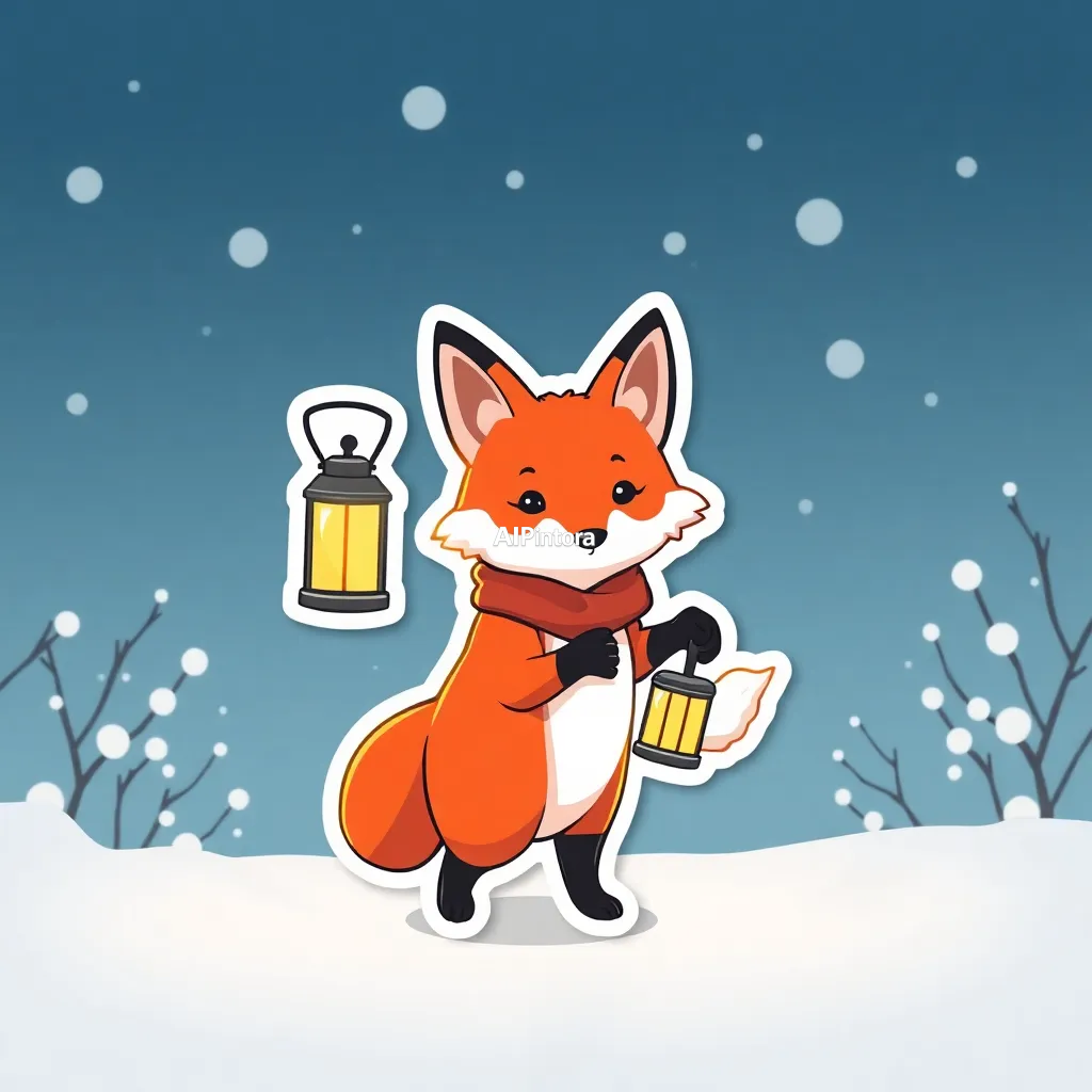 premium die-cut vinyl sticker illustration of cute fox sticker carrying a lantern through snow,
    centered isolated artwork, thick bold white outline, glossy sticker finish,
    clean vector cartoon style, cute collectible design, etsy bestseller sticker style,
    vibrant colors, simple readable silhouette, smooth shapes,
    printable sticker pack quality, plain clean background,
    no mockup, no product photo, no background scene, no complex environment, masterpiece, best quality, ultra detailed, sharp focus, cinematic lighting, volumetric lighting, depth of field, global illumination, professional color grading, hyper detailed textures, clean composition, premium visual quality, award winning artwork, 8k