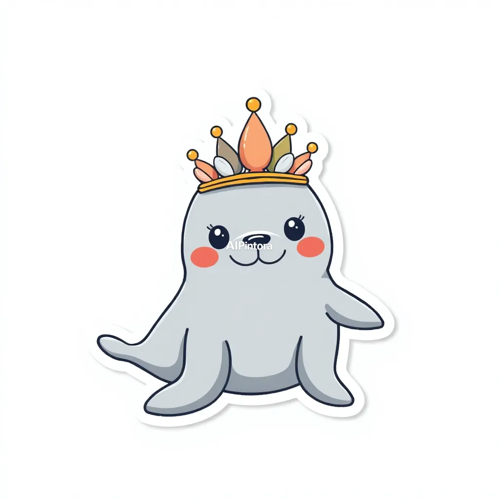 premium die-cut vinyl sticker illustration of cute baby seal sticker wearing a tiny crown made of seashells,
    centered isolated artwork, thick bold white outline, glossy sticker finish,
    clean vector cartoon style, cute collectible design, etsy bestseller sticker style,
    vibrant colors, simple readable silhouette, smooth shapes,
    printable sticker pack quality, plain clean background,
    no mockup, no product photo, no background scene, no complex environment, masterpiece, best quality, ultra detailed, sharp focus, cinematic lighting, volumetric lighting, depth of field, global illumination, professional color grading, hyper detailed textures, clean composition, premium visual quality, award winning artwork, 8k