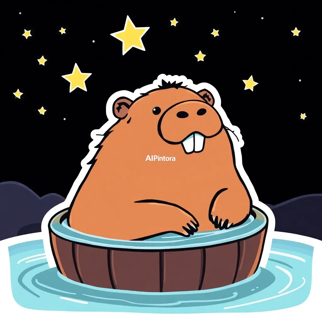 premium die-cut vinyl sticker illustration of cute capybara sticker relaxing in a hot spring under the stars,
    centered isolated artwork, thick bold white outline, glossy sticker finish,
    clean vector cartoon style, cute collectible design, etsy bestseller sticker style,
    vibrant colors, simple readable silhouette, smooth shapes,
    printable sticker pack quality, plain clean background,
    no mockup, no product photo, no background scene, no complex environment, masterpiece, best quality, ultra detailed, sharp focus, cinematic lighting, volumetric lighting, depth of field, global illumination, professional color grading, hyper detailed textures, clean composition, premium visual quality, award winning artwork, 8k
