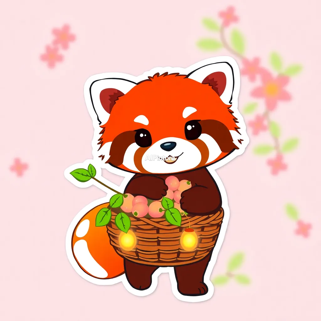 premium die-cut vinyl sticker illustration of cute red panda sticker carrying a basket of glowing berries,
    centered isolated artwork, thick bold white outline, glossy sticker finish,
    clean vector cartoon style, cute collectible design, etsy bestseller sticker style,
    vibrant colors, simple readable silhouette, smooth shapes,
    printable sticker pack quality, plain clean background,
    no mockup, no product photo, no background scene, no complex environment, masterpiece, best quality, ultra detailed, sharp focus, cinematic lighting, volumetric lighting, depth of field, global illumination, professional color grading, hyper detailed textures, clean composition, premium visual quality, award winning artwork, 8k