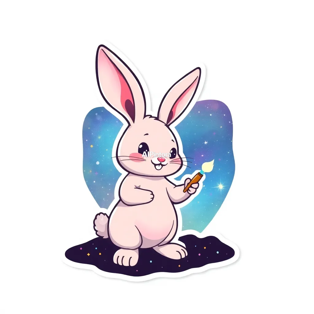 premium die-cut vinyl sticker illustration of cute bunny sticker painting galaxies with a magic brush,
    centered isolated artwork, thick bold white outline, glossy sticker finish,
    clean vector cartoon style, cute collectible design, etsy bestseller sticker style,
    vibrant colors, simple readable silhouette, smooth shapes,
    printable sticker pack quality, plain clean background,
    no mockup, no product photo, no background scene, no complex environment, masterpiece, best quality, ultra detailed, sharp focus, cinematic lighting, volumetric lighting, depth of field, global illumination, professional color grading, hyper detailed textures, clean composition, premium visual quality, award winning artwork, 8k