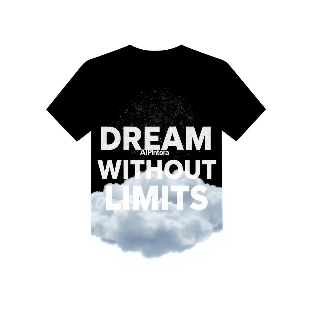 premium printable t-shirt graphic design featuring DREAM WITHOUT LIMITS typography made from clouds and stardust,
    isolated centered artwork, strong silhouette, bold readable composition,
    streetwear apparel graphic, merch by amazon style, commercial print ready,
    high contrast illustration, clean edges, limited background,
    easy background removal, poster quality apparel artwork,
    no model, no person wearing shirt, no t-shirt mockup, no product photo,
    no room background, no messy background, no random extra objects,
    no shadows on background, masterpiece, best quality, ultra detailed, sharp focus, cinematic lighting, volumetric lighting, depth of field, global illumination, professional color grading, hyper detailed textures, clean composition, premium visual quality, award winning artwork, 8k