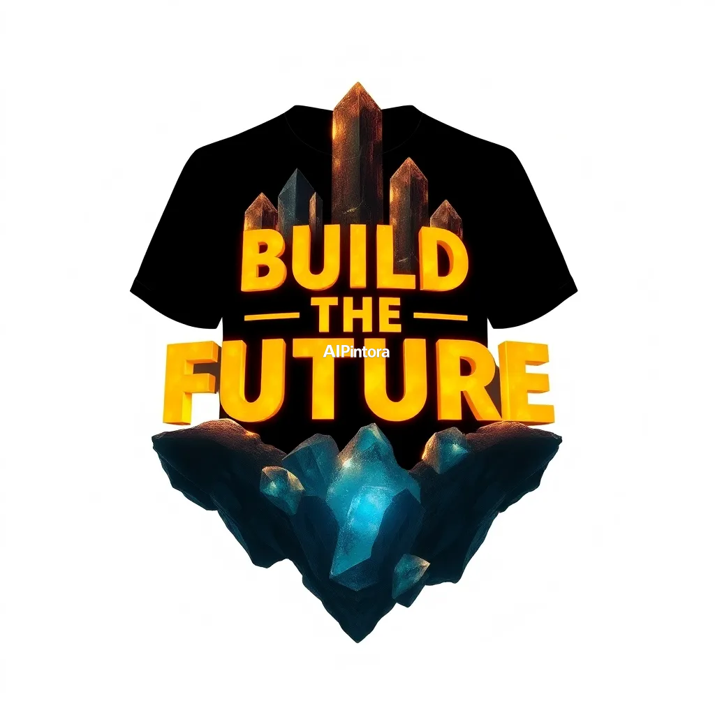 premium printable t-shirt graphic design featuring BUILD THE FUTURE typography carved from glowing crystal structures,
    isolated centered artwork, strong silhouette, bold readable composition,
    streetwear apparel graphic, merch by amazon style, commercial print ready,
    high contrast illustration, clean edges, limited background,
    easy background removal, poster quality apparel artwork,
    no model, no person wearing shirt, no t-shirt mockup, no product photo,
    no room background, no messy background, no random extra objects,
    no shadows on background, masterpiece, best quality, ultra detailed, sharp focus, cinematic lighting, volumetric lighting, depth of field, global illumination, professional color grading, hyper detailed textures, clean composition, premium visual quality, award winning artwork, 8k