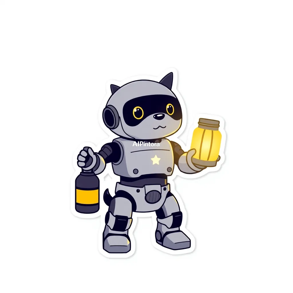 premium die-cut vinyl sticker illustration of cute robot dog sticker carrying a glowing lantern,
    centered isolated artwork, thick bold white outline, glossy sticker finish,
    clean vector cartoon style, cute collectible design, etsy bestseller sticker style,
    vibrant colors, simple readable silhouette, smooth shapes,
    printable sticker pack quality, plain clean background,
    no mockup, no product photo, no background scene, no complex environment, masterpiece, best quality, ultra detailed, sharp focus, cinematic lighting, volumetric lighting, depth of field, global illumination, professional color grading, hyper detailed textures, clean composition, premium visual quality, award winning artwork, 8k